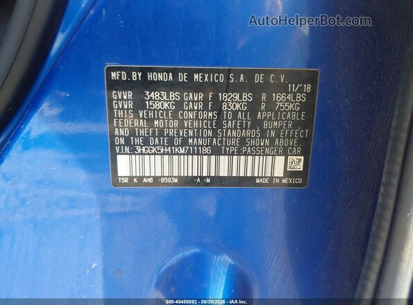 3HGGK5H41KM711186 2019 HONDA FIT Blue Вид підкапотного простору