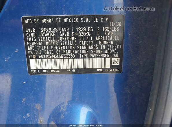 3HGGK5H42LM733330 2020 HONDA FIT Синий Вид подкапотного пространства