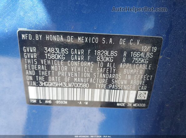 3HGGK5H43LM700580 2020 HONDA FIT Синий Вид подкапотного пространства