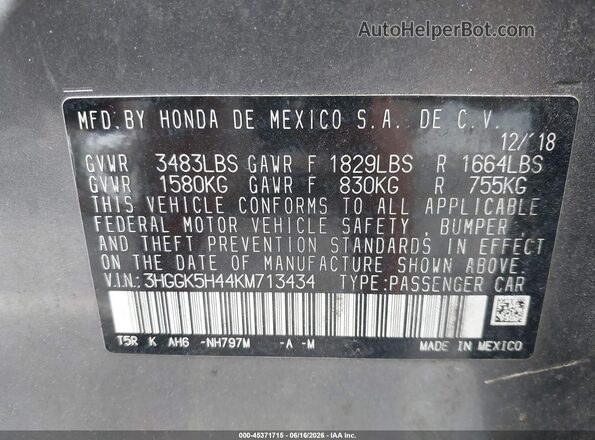 3HGGK5H44KM713434 2019 HONDA FIT Gray ძრავის განყოფილების ხედი