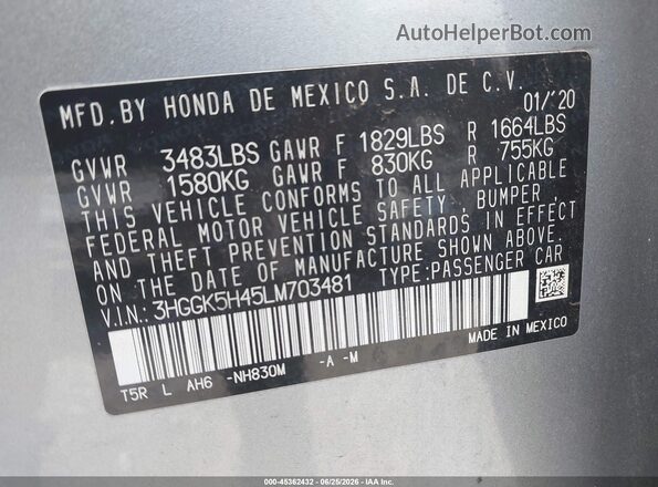 3HGGK5H45LM703481 2020 HONDA FIT Серебряный Вид подкапотного пространства