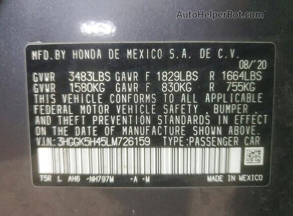 3HGGK5H45LM726159 2020 HONDA FIT Gray 