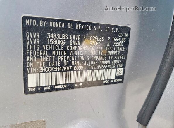 3HGGK5H47KM716098 2019 HONDA FIT Silver VIN კოდის სტიკერის ხედი