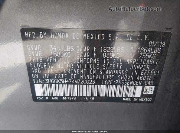 3HGGK5H47KM720023 2019 HONDA FIT Gray Vista del compartimento del motor