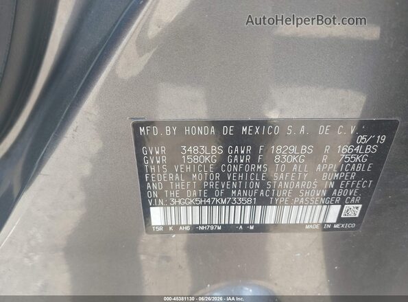 3HGGK5H47KM733581 2019 HONDA FIT Gray Widok komory silnika