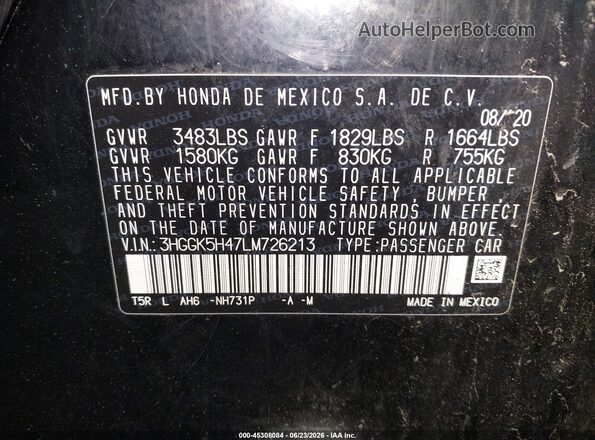 3HGGK5H47LM726213 2020 HONDA FIT Black Engine compartment view