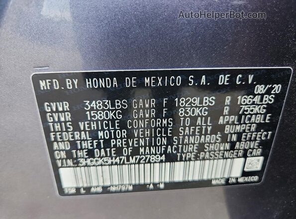 3HGGK5H47LM727894 2020 HONDA FIT Gray 
