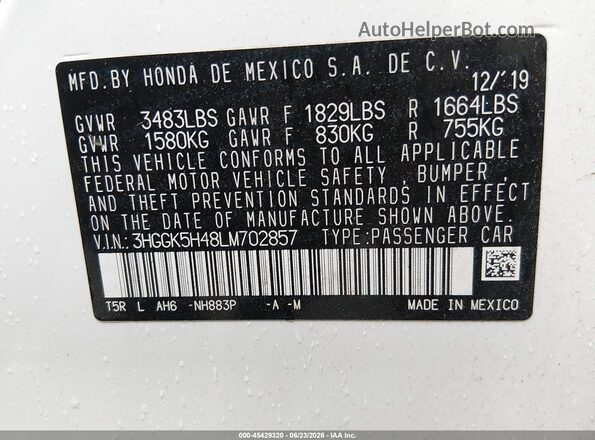 3HGGK5H48LM702857 2020 HONDA FIT White Շարժիչի բաժամունքի տեսք