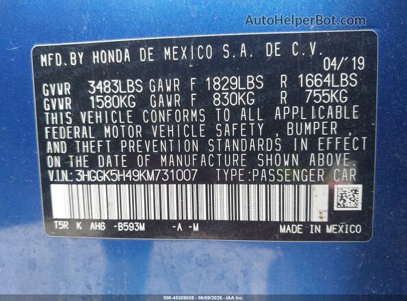 3HGGK5H49KM731007 2019 HONDA FIT Blue Widok komory silnika