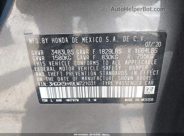 3HGGK5H49LM721031 2020 HONDA FIT Серый Вид подкапотного пространства