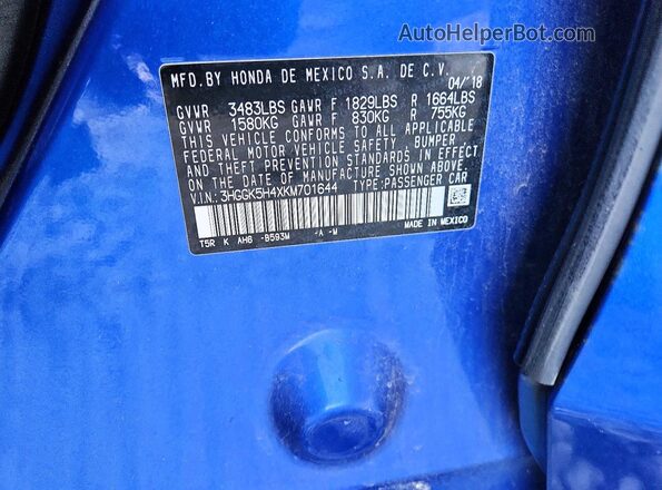 3HGGK5H4XKM701644 2019 HONDA FIT Blue Вид підкапотного простору