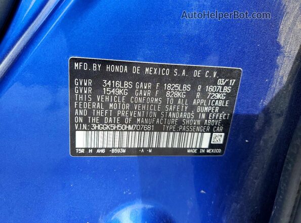 3HGGK5H50HM707681 2017 HONDA FIT Blue Vista de la etiqueta del VIN