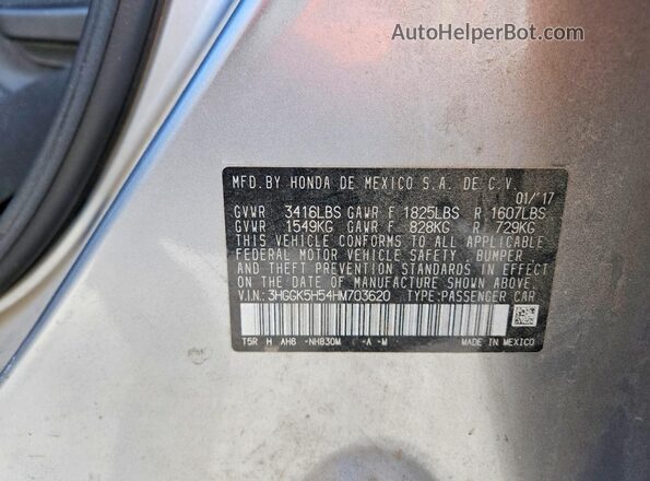 3HGGK5H54HM703620 2017 HONDA FIT Серебряный Вид наклейки с VIN-кодом