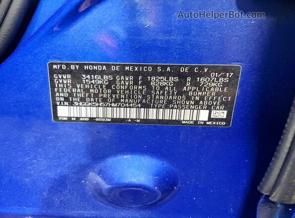 3HGGK5H57HM704454 2017 HONDA FIT Blue Vista de la etiqueta del VIN