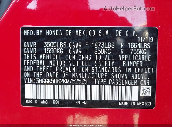 3HGGK5H62KM752525 2019 HONDA FIT Red Vista del compartimento del motor