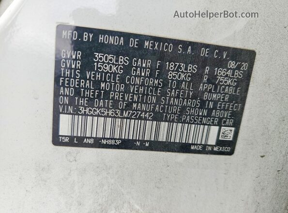 3HGGK5H63LM727442 2020 HONDA FIT White 