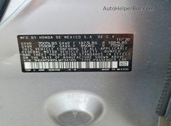 3HGGK5H65LM734165 2020 HONDA FIT Silver Вид підкапотного простору