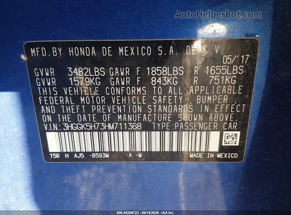 3HGGK5H73HM711368 2017 HONDA FIT Blue Widok komory silnika