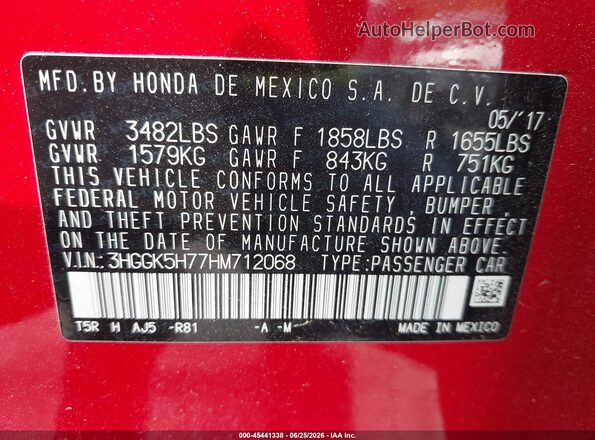 3HGGK5H77HM712068 2017 HONDA FIT Red Widok komory silnika