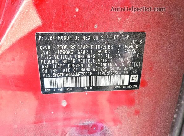 3HGGK5H80JM730118 2018 HONDA FIT Красный Вид наклейки с VIN-кодом