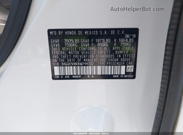 3HGGK5H80KM744702 2019 HONDA FIT Белый Вид подкапотного пространства