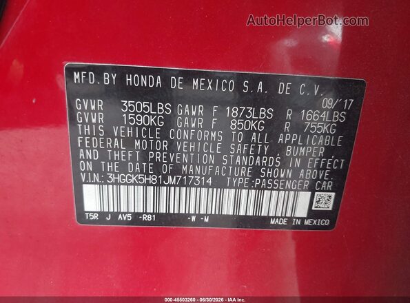 3HGGK5H81JM717314 2018 HONDA FIT Красный Вид подкапотного пространства