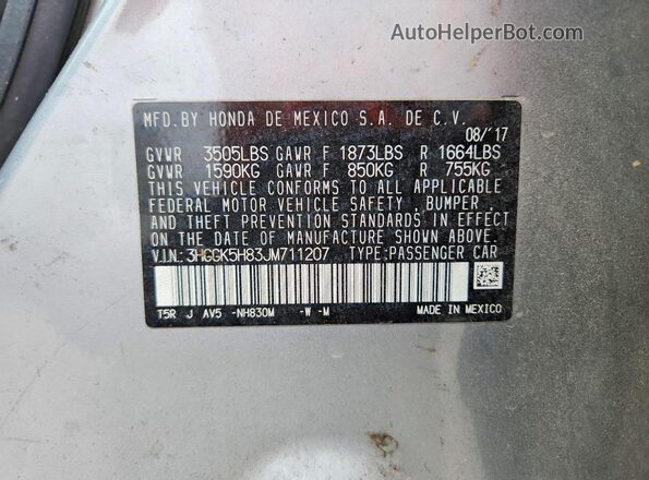 3HGGK5H83JM711207 2018 HONDA FIT Silver Вид наклейки з VIN-кодом