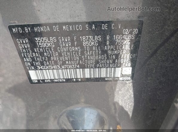 3HGGK5H83LM708374 2020 HONDA FIT Gray Widok komory silnika