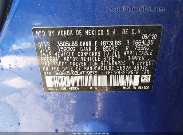 3HGGK5H83LM719679 2020 HONDA FIT Blue 