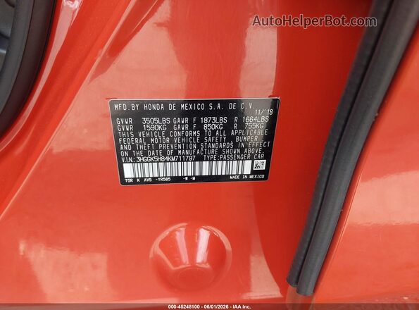 3HGGK5H84KM711797 2019 HONDA FIT Оранжевый Вид подкапотного пространства