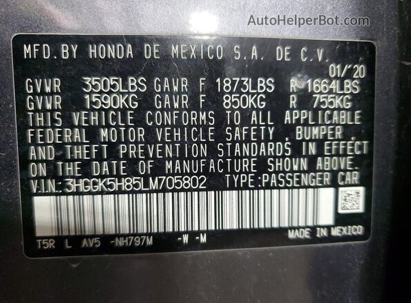 3HGGK5H85LM705802 2020 HONDA FIT Gray Вид наклейки з VIN-кодом