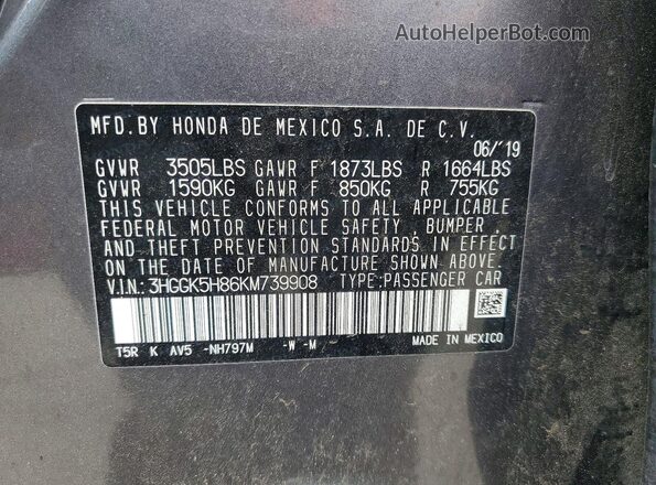 3HGGK5H86KM739908 2019 HONDA FIT Gray 