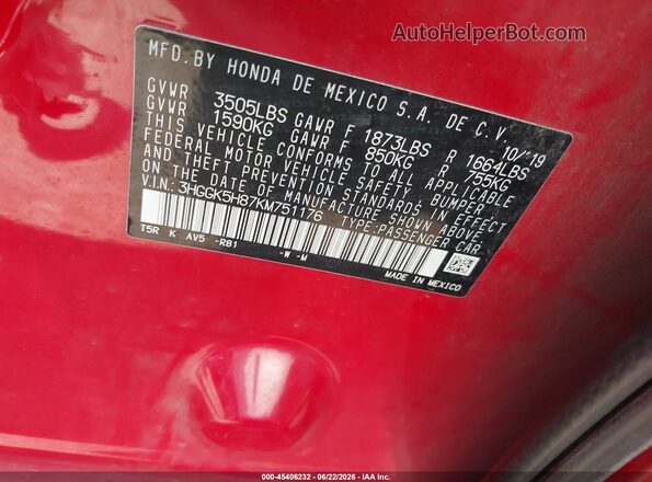3HGGK5H87KM751176 2019 HONDA FIT Red Շարժիչի բաժամունքի տեսք
