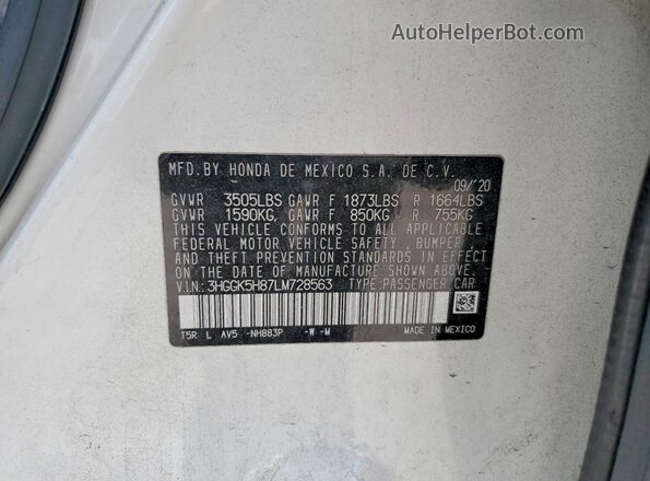 3HGGK5H87LM728563 2020 HONDA FIT White 