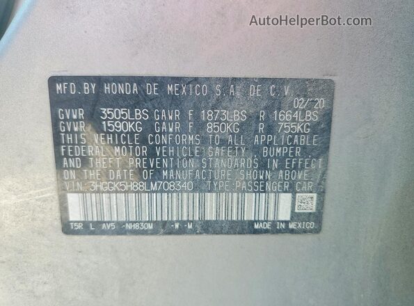 3HGGK5H88LM708340 2020 HONDA FIT Silver VIN კოდის სტიკერის ხედი