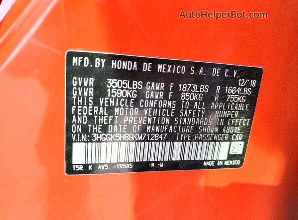 3HGGK5H89KM712847 2019 HONDA FIT Orange 