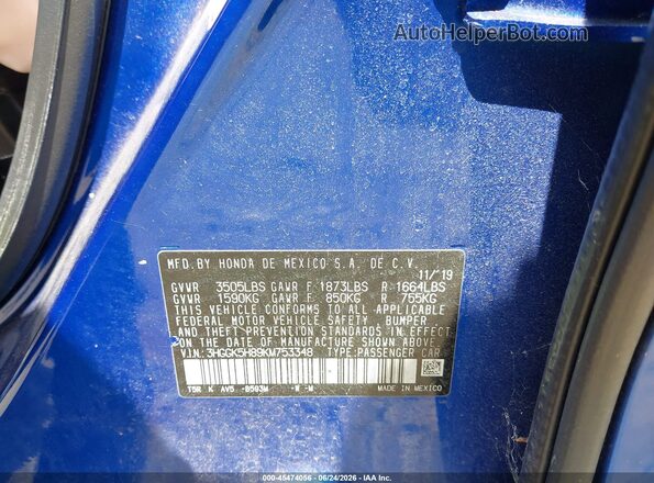 3HGGK5H89KM753348 2019 HONDA FIT Blue ძრავის განყოფილების ხედი