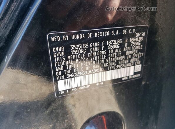 3HGGK5H89LM726510 2020 HONDA FIT Black Панорамний вид салону 360°