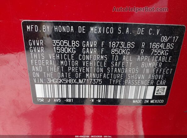 3HGGK5H8XJM717375 2018 HONDA FIT Red Շարժիչի բաժամունքի տեսք