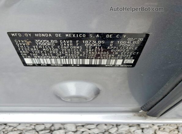 3HGGK5H8XLM712373 2020 HONDA FIT Silver 