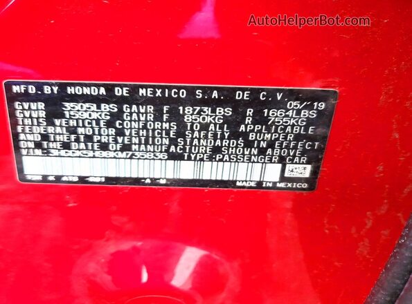 3HGGK5H98KM735836 2019 HONDA FIT Red Widok komory silnika