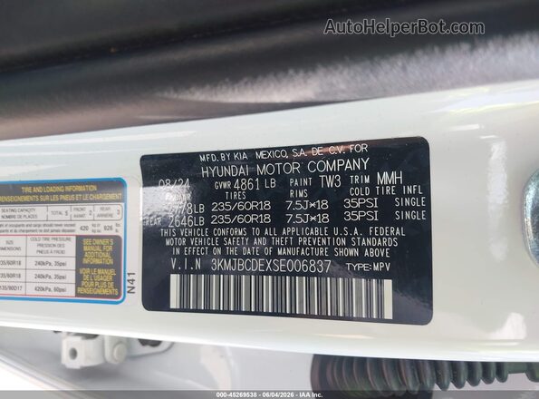 3KMJBCDEXSE006837 2025 HYUNDAI TUCSON White Շարժիչի բաժամունքի տեսք