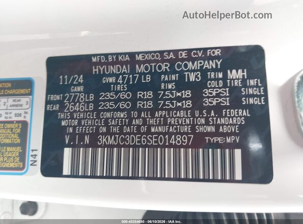 3KMJC3DE6SE014897 2025 HYUNDAI TUCSON White Вид підкапотного простору