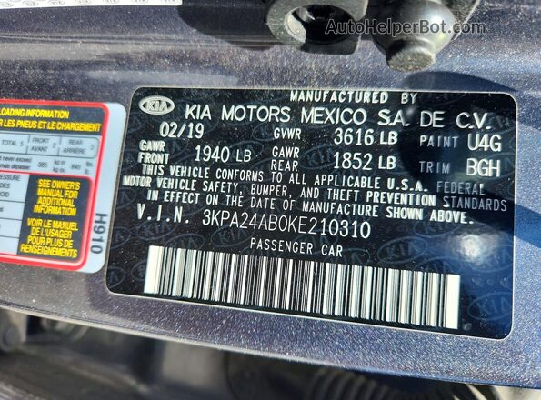 3KPA24AB0KE210310 2019 KIA RIO Gray Engine compartment view
