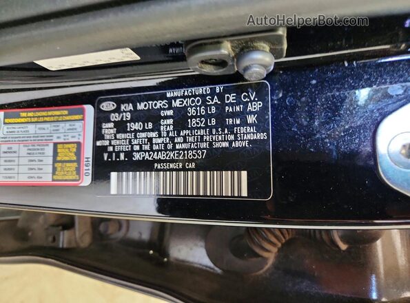 3KPA24AB2KE218537 2019 KIA RIO Black Engine compartment view