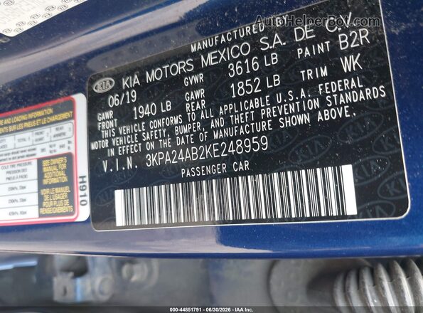 3KPA24AB2KE248959 2019 KIA RIO Blue Engine compartment view