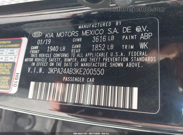 3KPA24AB3KE200550 2019 KIA RIO Black Engine compartment view