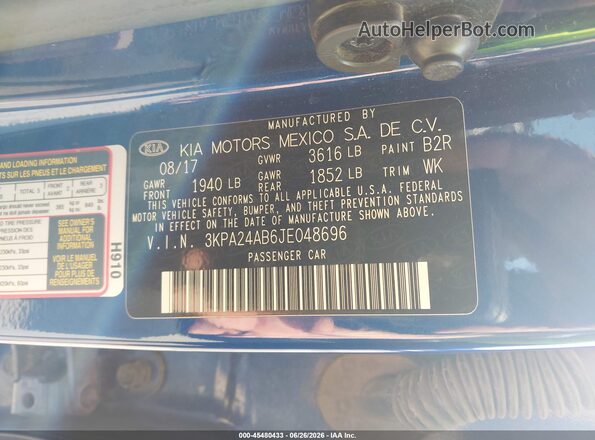 3KPA24AB6JE048696 2018 KIA RIO Blue ძრავის განყოფილების ხედი