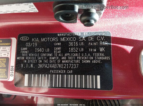 3KPA24AB7KE217237 2019 KIA RIO Красный Вид подкапотного пространства