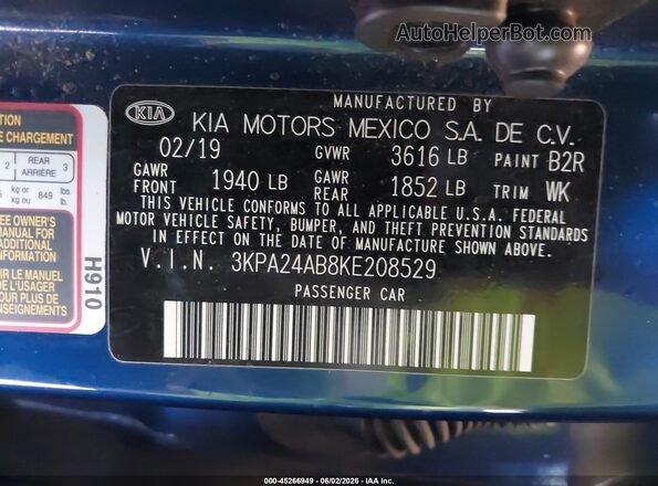 3KPA24AB8KE208529 2019 KIA RIO Blue Widok komory silnika
